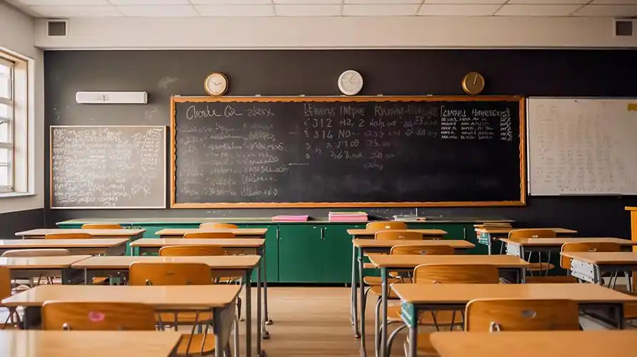 教室里的超长黑板和课桌椅开学季教室校园老师用来给学生上课教育的