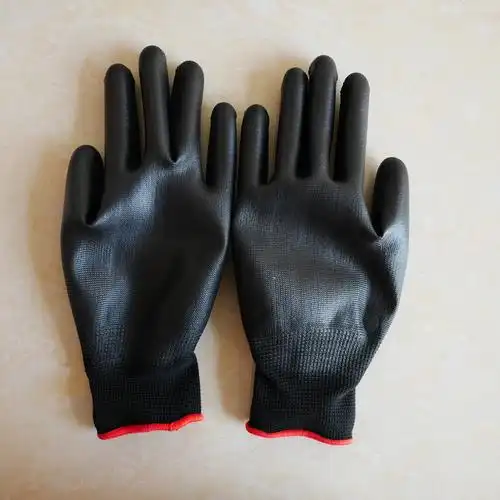 13针黑色pu劳保手套 黑色pu涂掌手套 黑色涤纶pu手套 ce认证