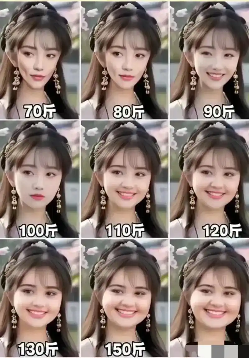 女孩不同体重的颜值:  70斤,过瘦 80斤,很瘦 90斤,骨感 130斤,丰满