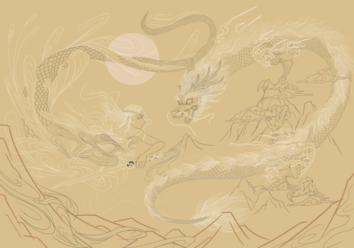 中国民间神话故事"女娲斩黑龙"的插画创作