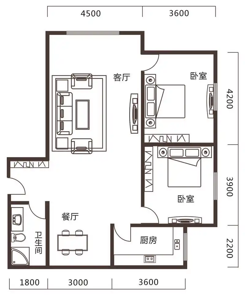 一个简约的两室图,现代风格客厅客厅主要是木地板,中间沙发区域铺有