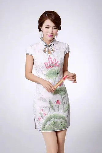 2014夏装新款 琵琶襟低开衩水墨荷花图案 改良显瘦短旗袍 a6110_白色