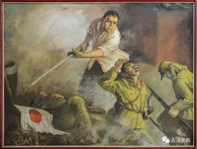 馆内展品——节振国刀劈鬼子兵(油画)向少先队员介绍节振国烈士的革命