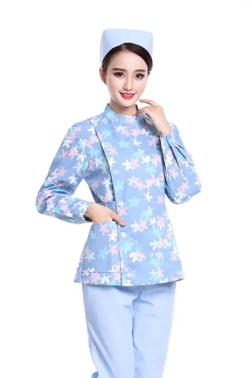 宁爵ningjue冬装护士服分体套装长袖牙科立领护士护理服美容师碎花