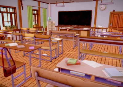 手绘 卡通 q版 动漫 场景 教室 学校 讲台 黑板 课桌 学堂 自习室