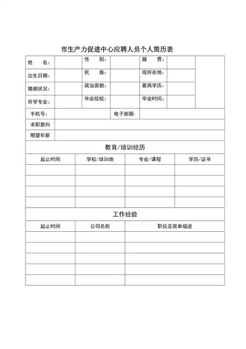 生产力促进中心应聘人员个人简历表