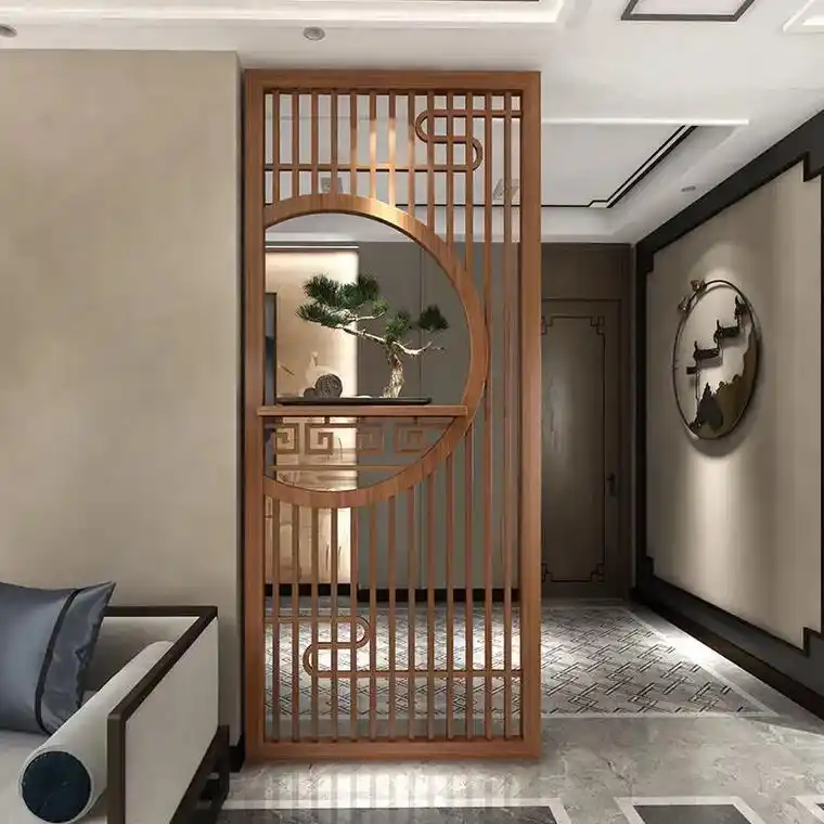 新中式定制实木格栅屏风置物架半圆遮挡聚财入户玄关造型艺术镂空