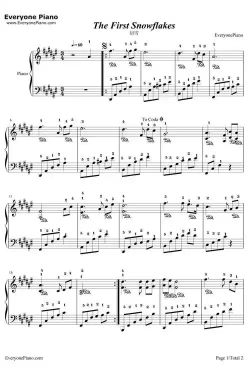 初雪简易版钢琴谱班得瑞bandari带指法