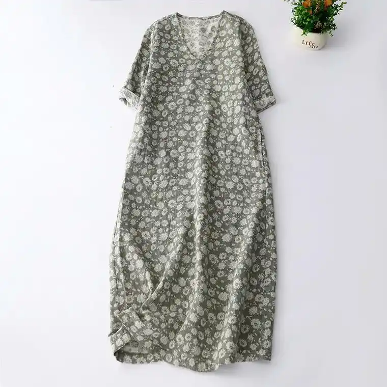 民族风印花复古短袖中长裙子宽松棉麻连衣裙.40 或将近40的 - 抖音