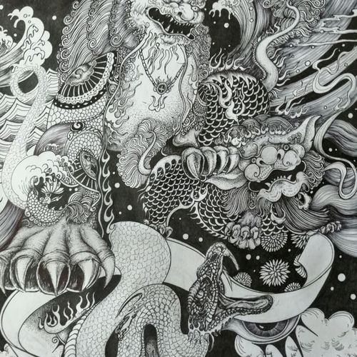 【黑白装饰画】纯手绘~麒麟.独幅