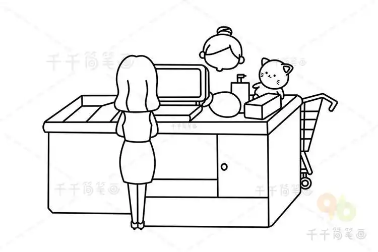 超市收银台结算的场景简笔画