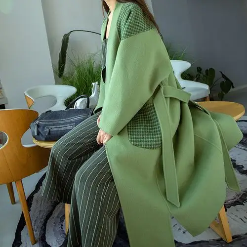 浴袍款双面羊绒大衣女长款牛油果绿拼接毛呢外套2019秋冬新款流行
