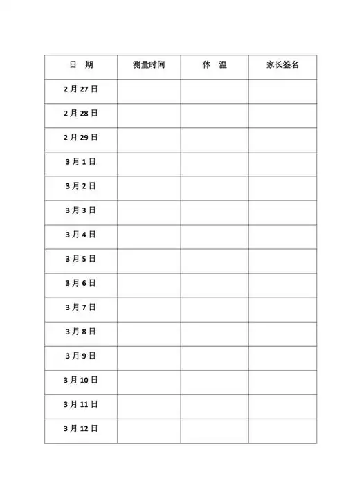 中小学生疫情期间体温登记表