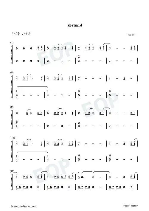 mermaid-c调简单版双手简谱预览1