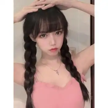 双马尾麻花辫 假发女长发网红空气刘海麻花辫子自然可爱俏皮亮丽双