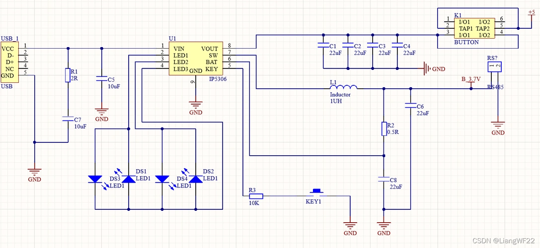 pcb37v锂电池5v充放电控制电路ip5306画板笔记