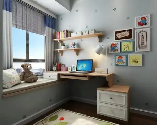 在飘窗台面延伸工作台,搭配搁板,将角落空间变为小型工作区.