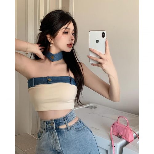 尹振天辣妹牛仔拼接抹胸背心吊带女夏季性感修身收腰一字肩露脐上衣