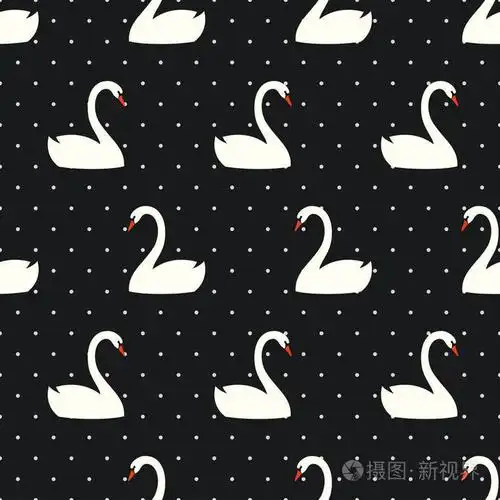 白色天鹅无缝图案圆点黑色背景