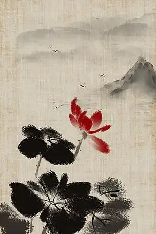背景水墨复古山水画背景唯美复古水墨山水画小亭子荷花鲤鱼中国风唯美