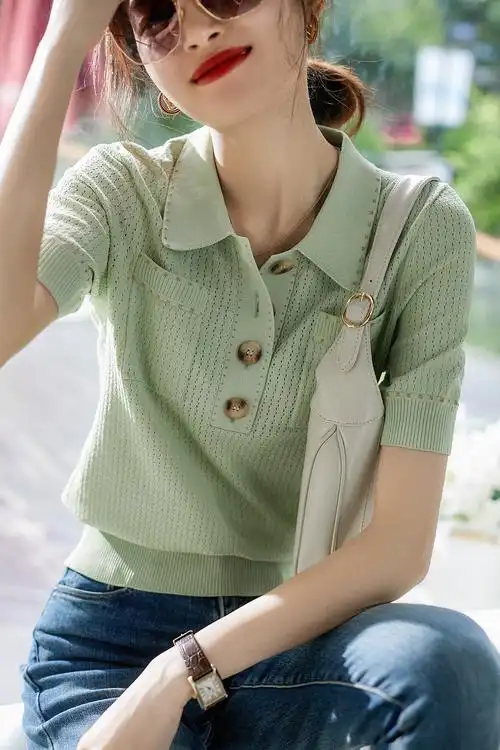 漂亮薄荷绿清爽针织polo衫上衣女夏薄款