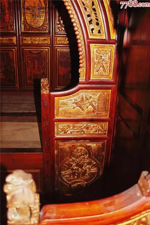 民俗古旧老家具精雕鎏金吉祥孔雀床明清金碧辉煌双进古董床收藏