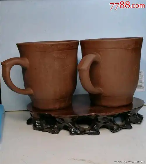 纯手工老紫砂杯子两只比较大的杯子砂质一流内外都附有茶垢自行清洗刻