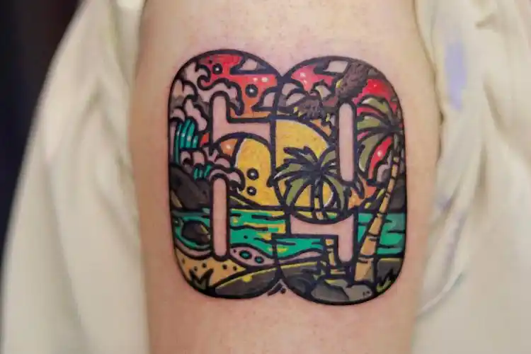 原创纹身棕榈树与海浪题材纹身