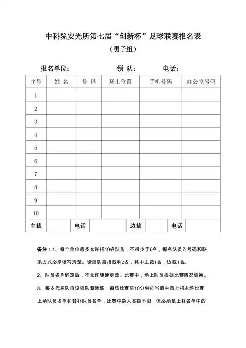 中科院安光所第七届创新杯足球联赛报名表