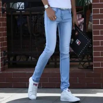 夏季薄款牛仔裤男士弹力修身小脚韩版潮流学生紧身显瘦长裤蓝条纹27
