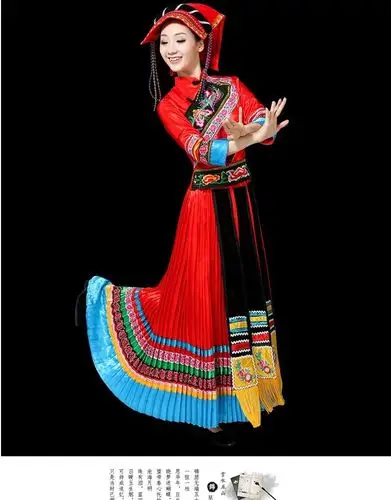 彝族服装女云南少数民族舞蹈服饰七月七火把节演出服百褶刺绣裙新q 大