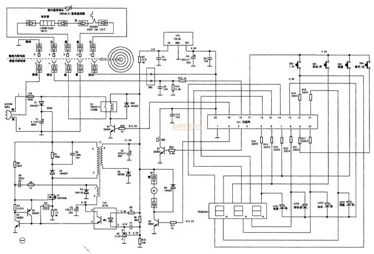 采用开关电源供电,由壶底电热管,温度探头,温控器及壶座主控电路板