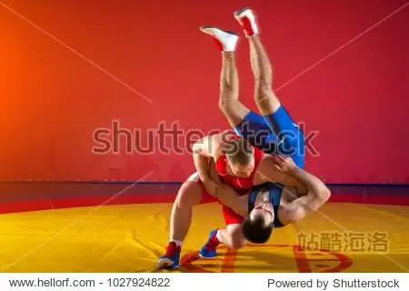 two strong wrestlers in blue and red wrestling tights are wrestl