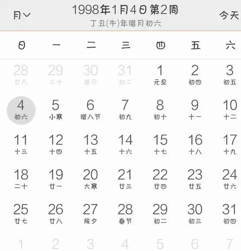 1999年1月22日星期五 "农历1998年腊月初六日"查询信息如下