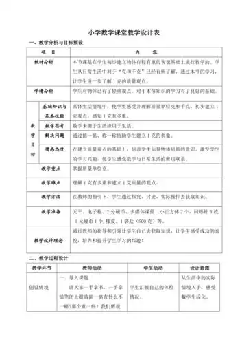 小学数学课堂教学设计表