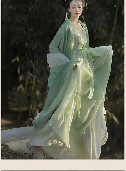 唐制汉服女古装齐腰襦裙女中国风夏季薄款超仙飘逸裙绿色古装素颜全套