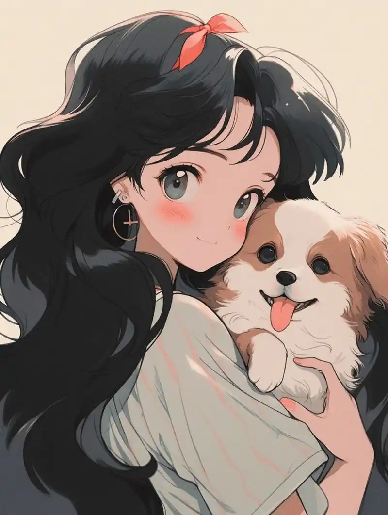 旧漫头像   ▏抱着狗狗的黑发女孩