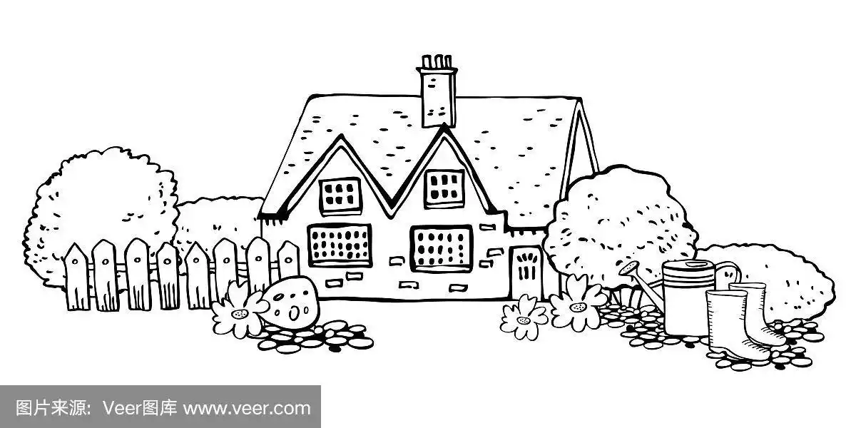 有园艺工具的欧洲古老的石头房子.矢量草图手绘插图.