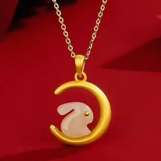 睿爸s925银和田玉可爱小玉兔项链女月亮兔子吊坠女友情人节生日礼物