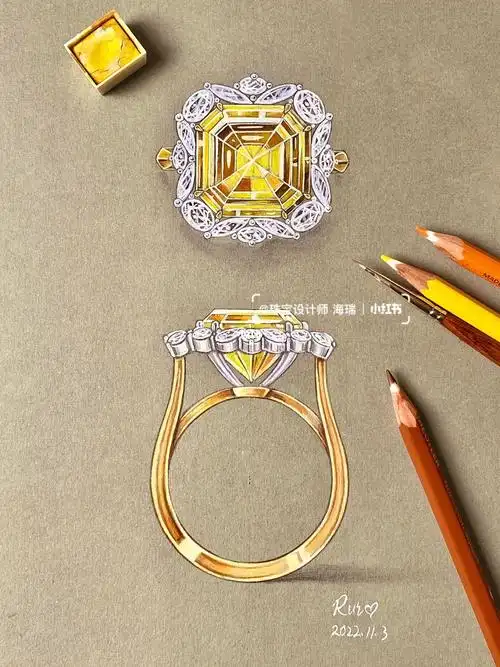 珠宝手绘|水彩黄色蓝宝石戒指99