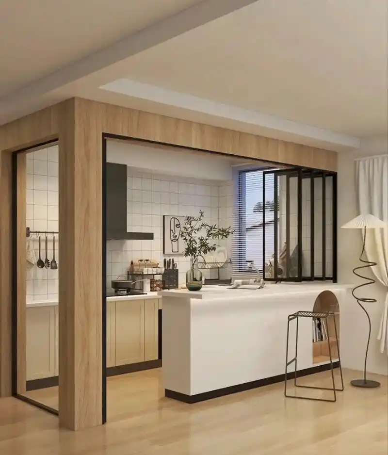 半开放式厨房,玻璃折叠门 有效的空间利用.