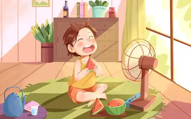 吃西瓜小男孩夏天卡通人物室内吃西瓜jpg素材大暑节气炎热