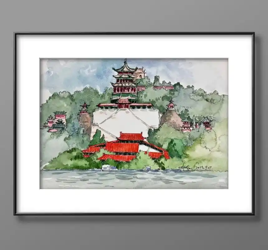 水彩手绘颐和园.#画画 #原创作品 #美出高级感 #手绘 # - 抖音