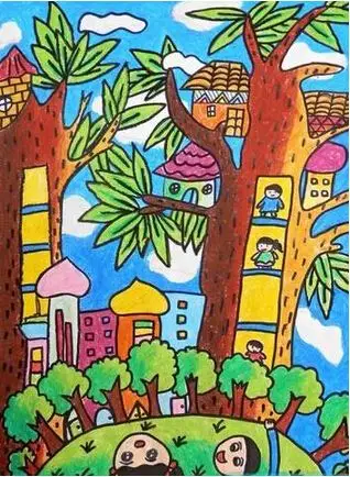 儿童科幻画作品:树上的房子