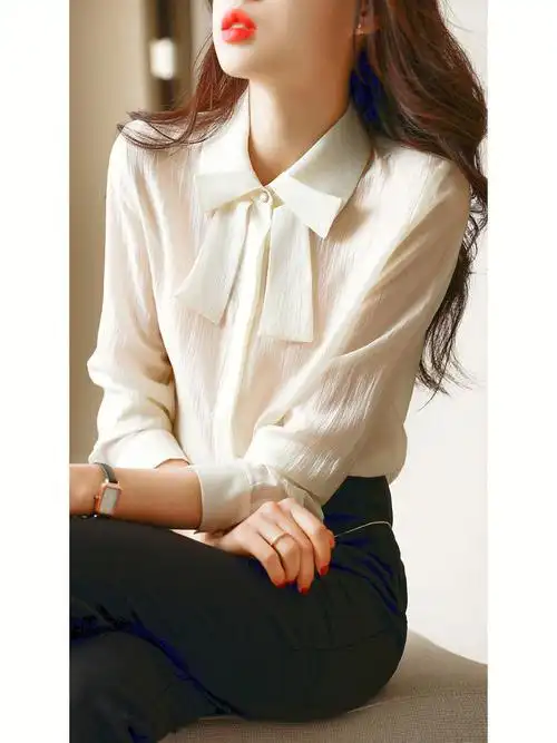 蓝色蝴蝶结领带领结衬衣缎面光泽感女衬衫