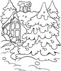 下雪天的房子和大树涂色简笔画大全
