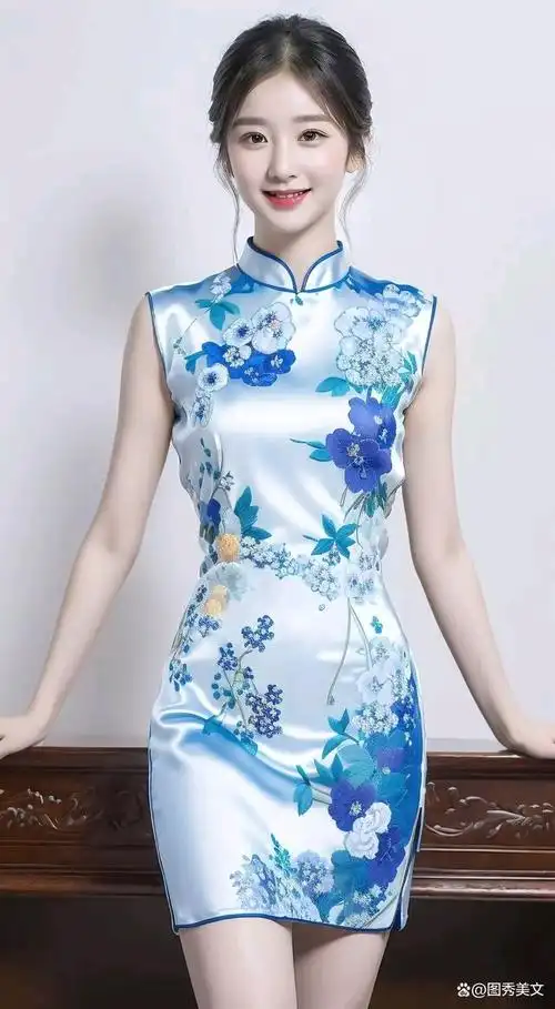 在春风轻拂的午后,一位年轻女子身着蓝色旗袍,漫步于古镇的小巷.