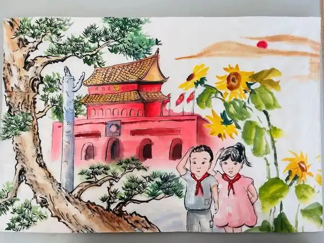颂党恩跟党走主题儿童画作品-图2