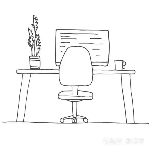 素描的房间办公椅办公桌桌上的各种对象草绘工作区矢量图