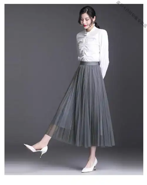 皮尔卡丹轻奢高档纱裙女半身秋冬款中长裙显瘦感百褶裙